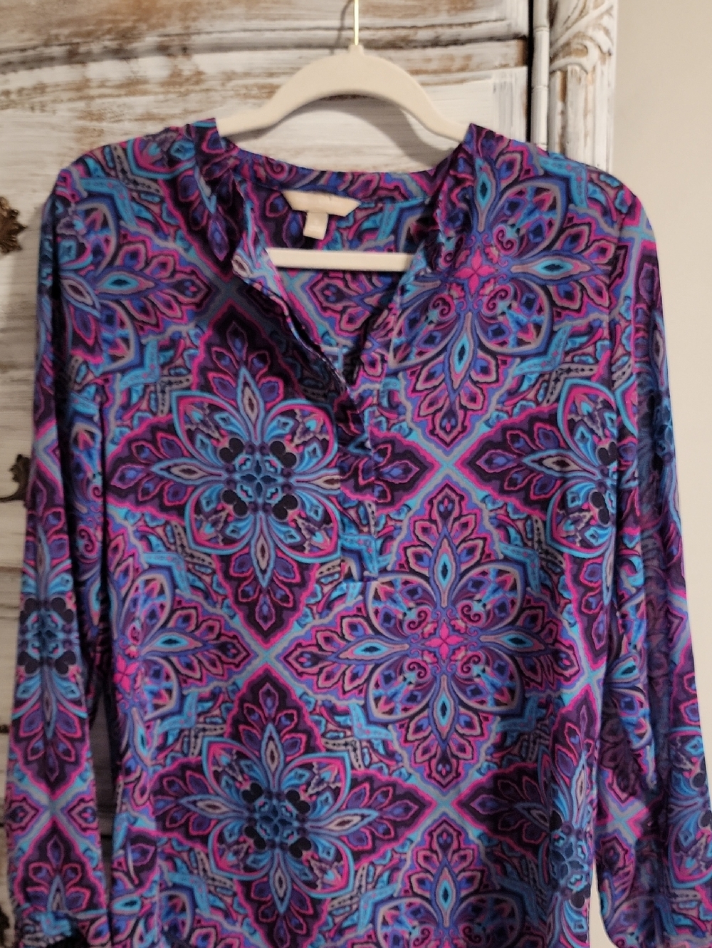 Women’s Long-Sleeve V-Neck Printed Tunic Top - Purple Blue Pink
